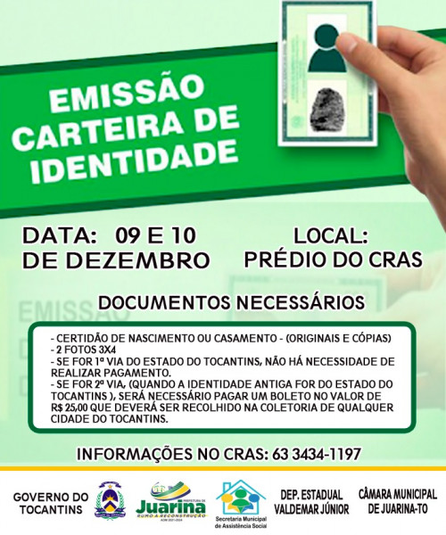 EMISSÃO DE CARTEIRA DE INDENTIDADE NOS DIAS 09 E 10 DE DEZEMBRO, NO PRÉDIO DO CRAS.